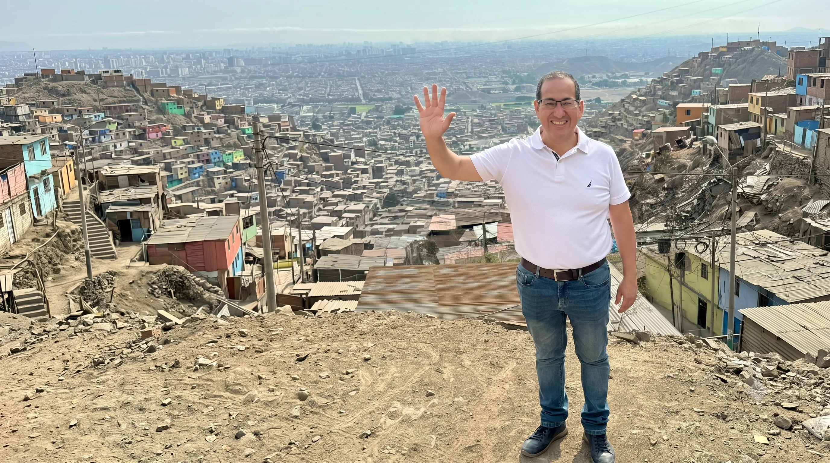 Roberto Telles saludando desde una loma del Rímac con la ciudad de fondo